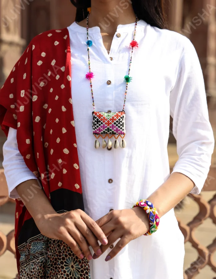 Kutch Embroidered Beaded Multicoloured Long Necklace - Gallery Image
