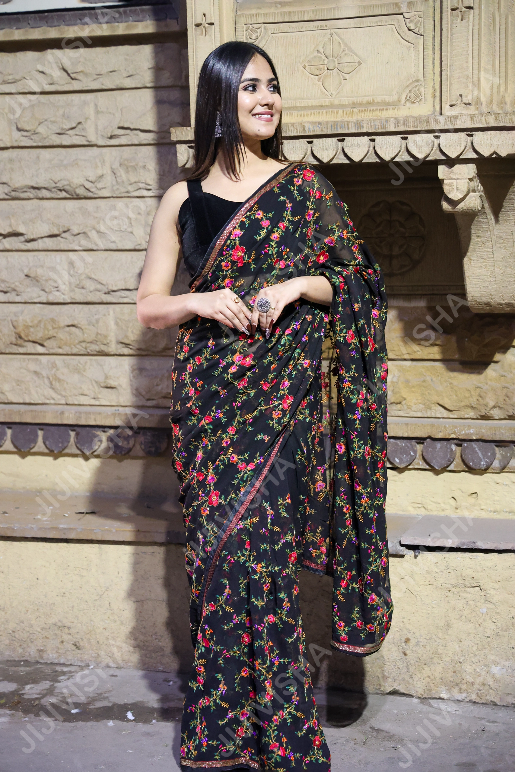 Buy Starry Night Black Net Saree Online
