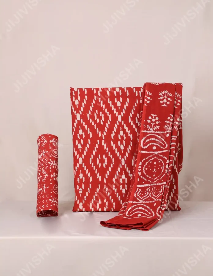 Ruby Red Diamond Motif Hand Block Print Cotton Dress Material with Dupatta