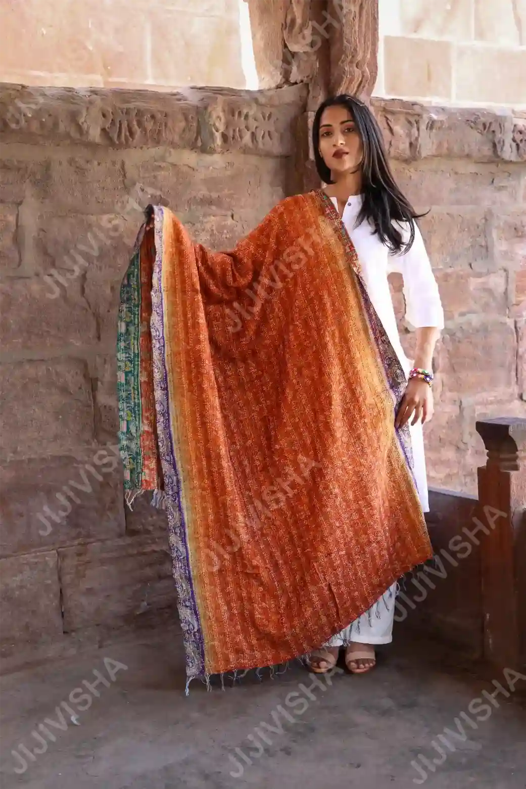 Buy Hand Block Print & Kantha Stitch Stole Online