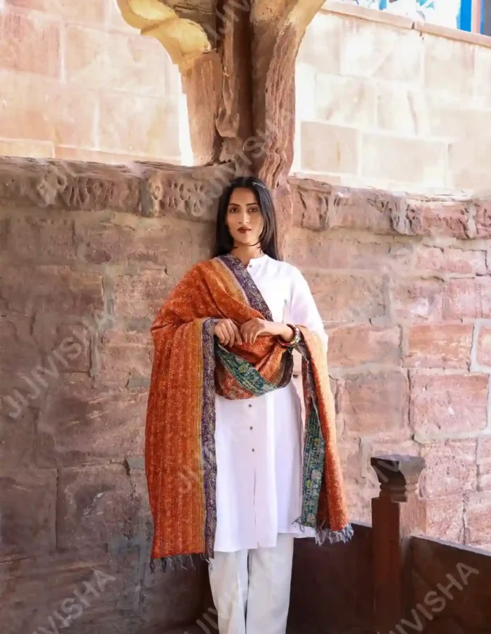 Saffron Sunset Silk Stole: Hand Block Print & Kantha Stitch Elegance - Gallery Image