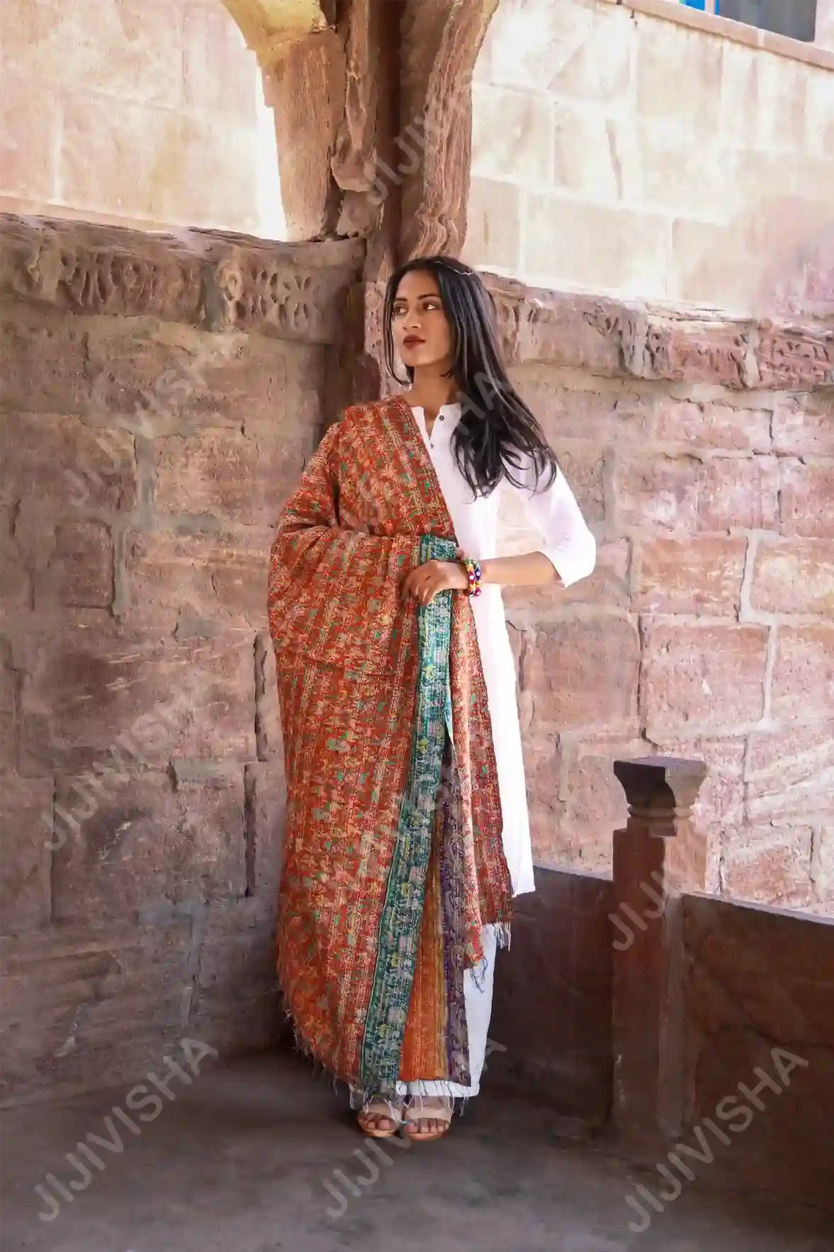 Buy Hand Block Print & Kantha Stitch Stole Online