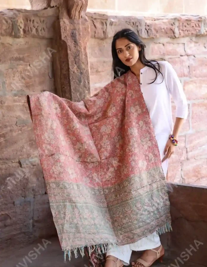 Buy Kantha Stitched Peach and Mint Green Floral Print Stole Online