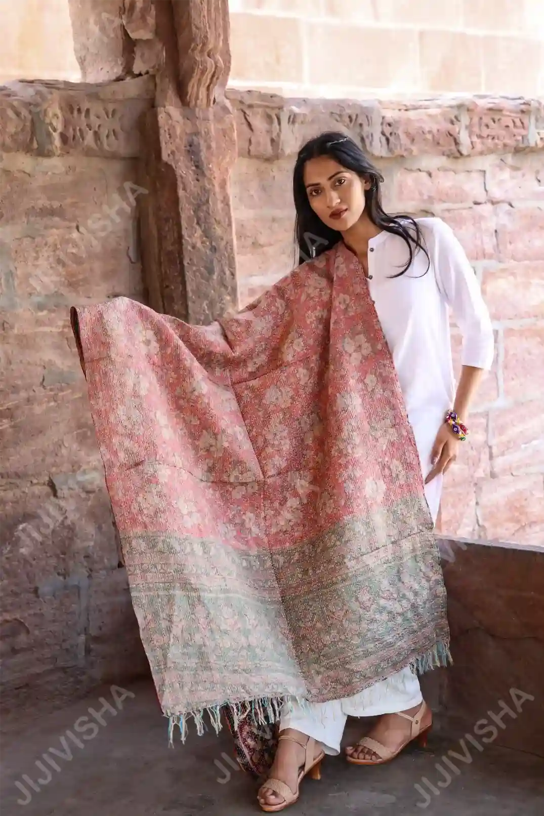 JVWAPSW040_1 Buy Kantha Stitched Peach and Mint Green Floral Print Stole Online
