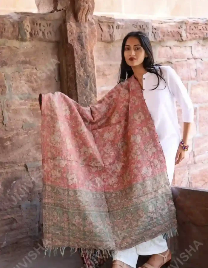 Buy Kantha Stitched Peach and Mint Green Floral Print Stole Online