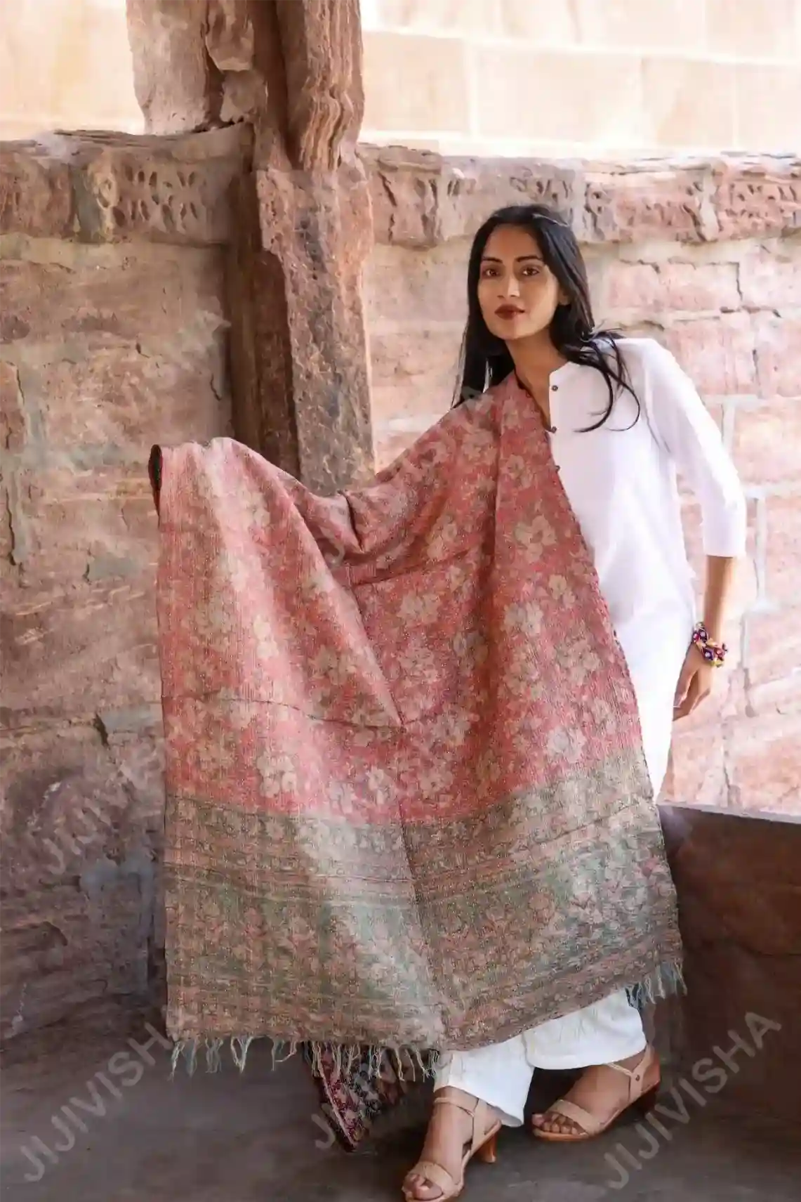 JVWAPSW040_2 Buy Kantha Stitched Peach and Mint Green Floral Print Stole Online