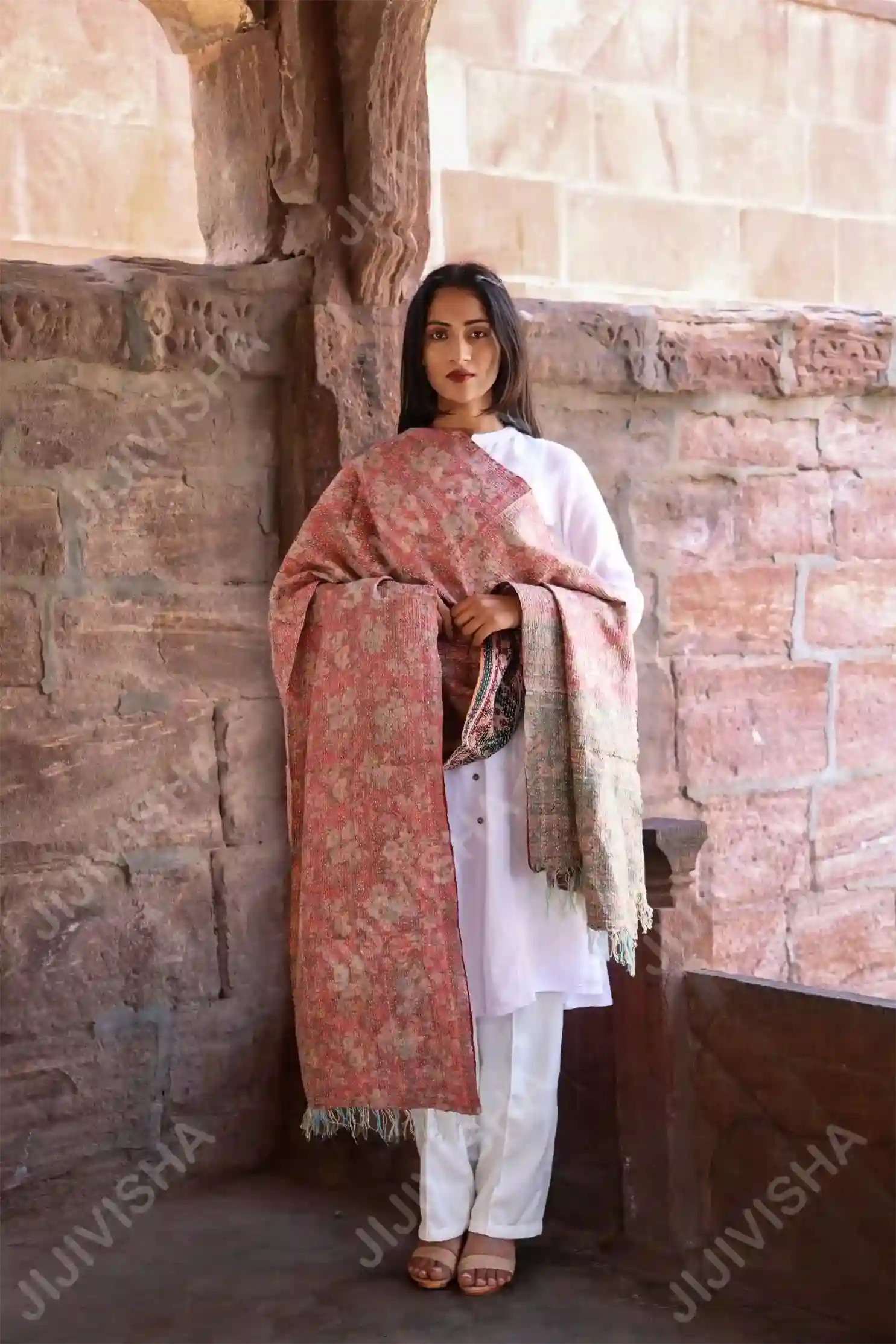 JVWAPSW040_3 Buy Kantha Stitched Peach and Mint Green Floral Print Stole Online