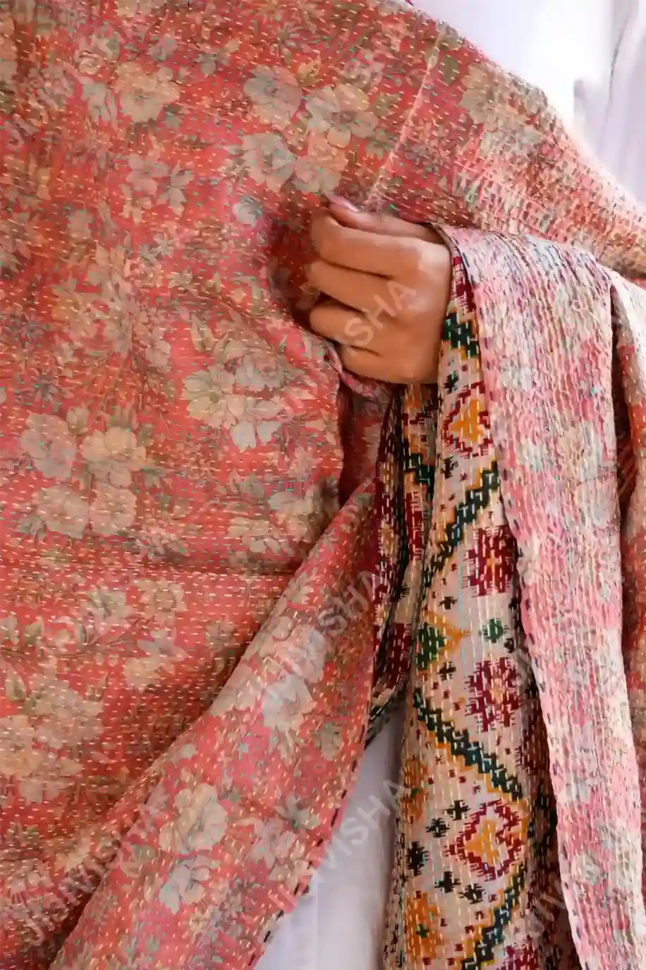 JVWAPSW040_4 Buy Kantha Stitched Peach and Mint Green Floral Print Stole Online