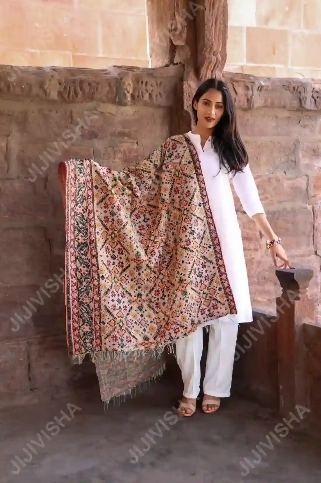 JVWAPSW040_5 Buy Kantha Stitched Peach and Mint Green Floral Print Stole Online