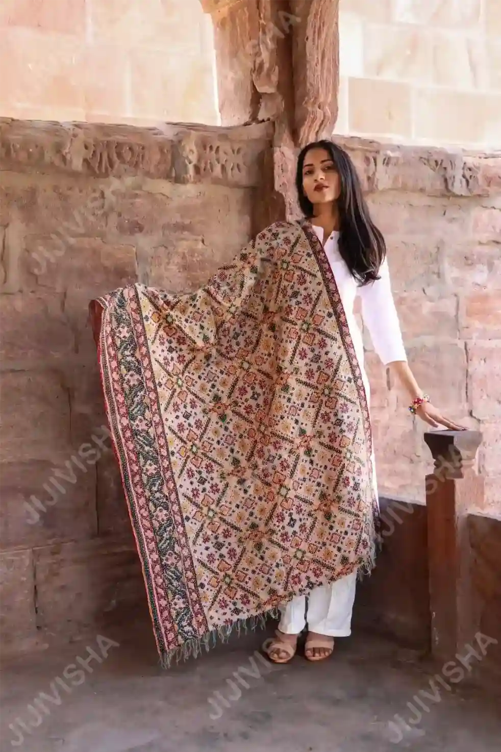 JVWAPSW040_6 Buy Kantha Stitched Peach and Mint Green Floral Print Stole Online