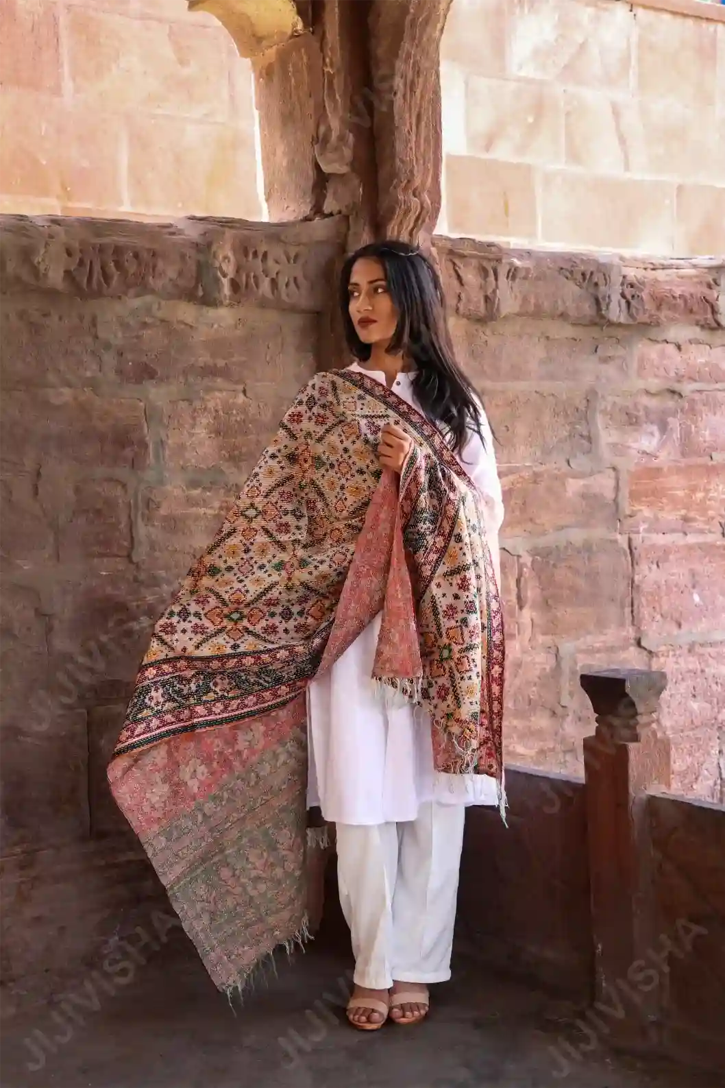 JVWAPSW040_7 Buy Kantha Stitched Peach and Mint Green Floral Print Stole Online