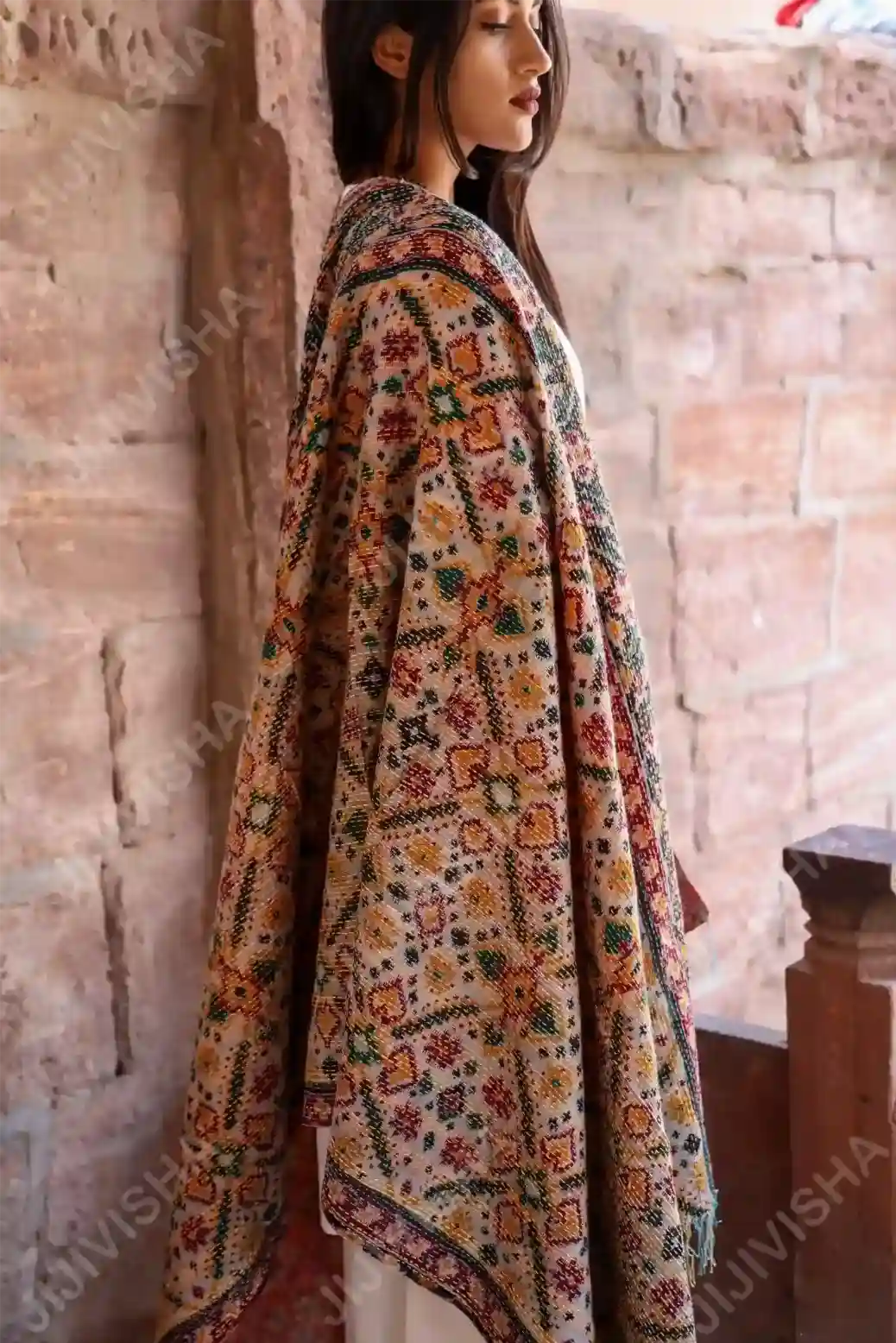 JVWAPSW040_9 Buy Kantha Stitched Peach and Mint Green Floral Print Stole Online