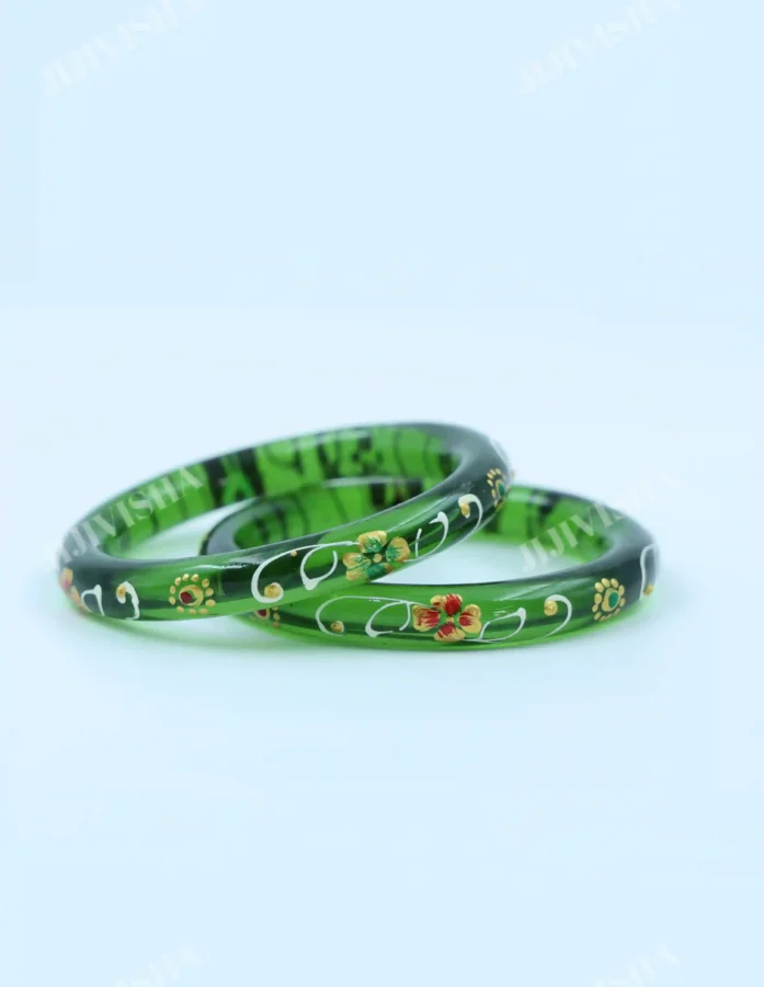Buy Dark Green Crystalline Glass Bangles with Hand Painting Online