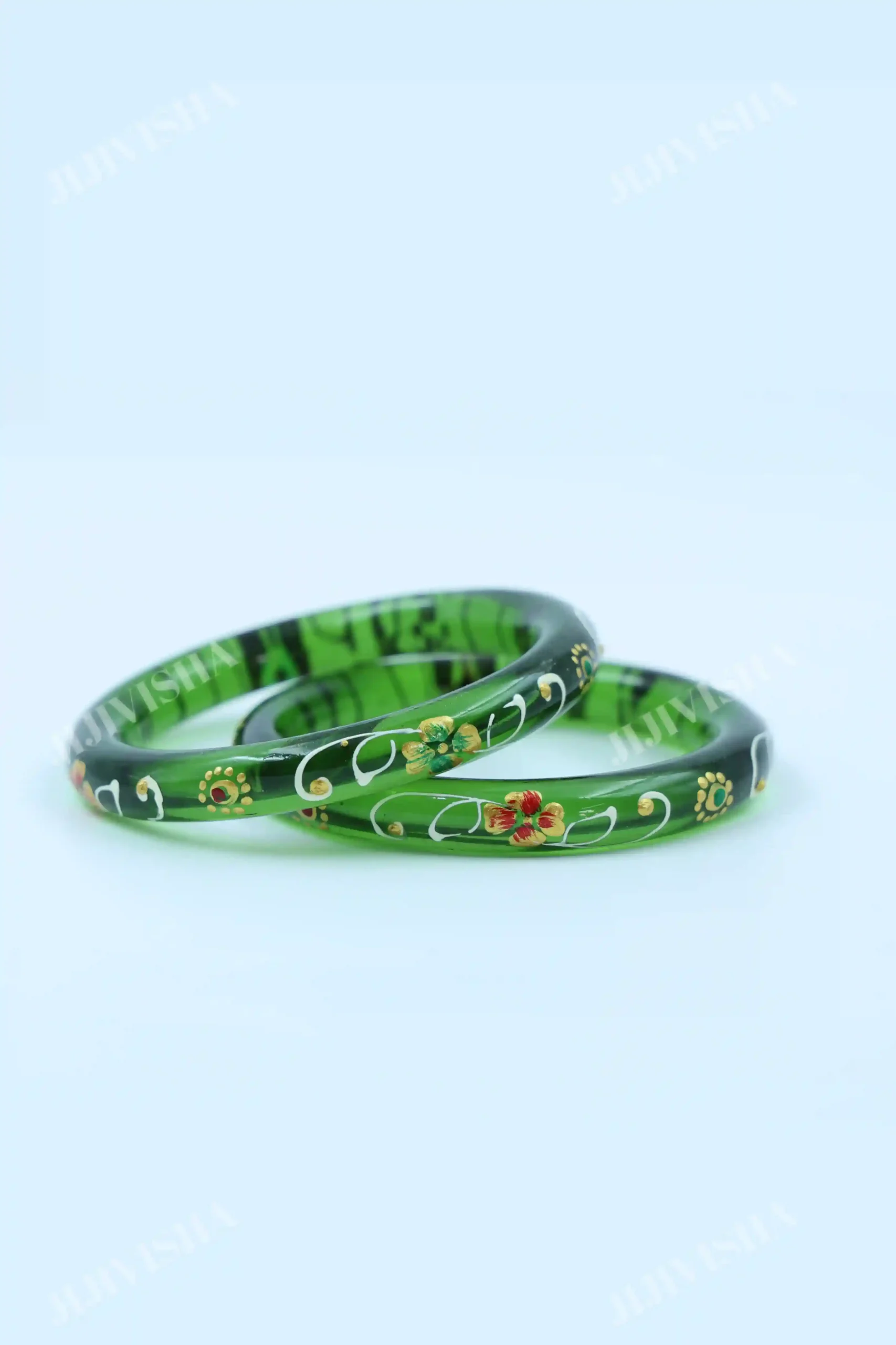 Buy Dark Green Crystalline Glass Bangles with Hand Painting Online