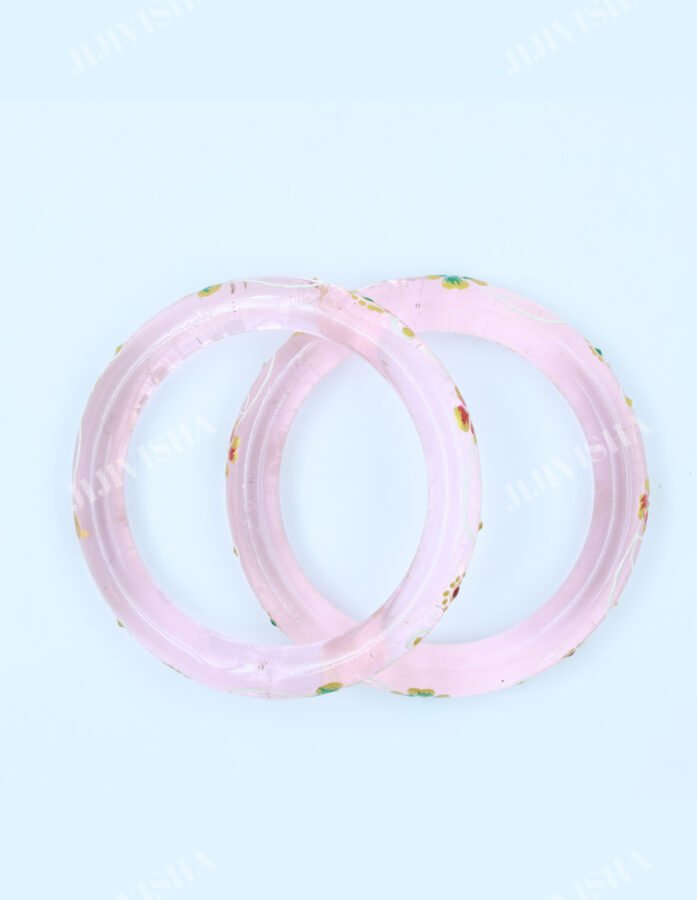 Buy Baby Pink Crystalline Glass Bangles with Golden and White Hand Painting Online