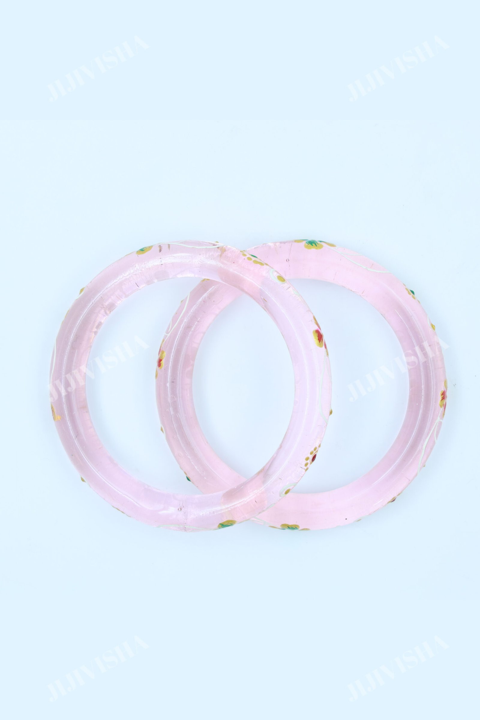 Buy Baby Pink Crystalline Glass Bangles with Golden and White Hand Painting Online