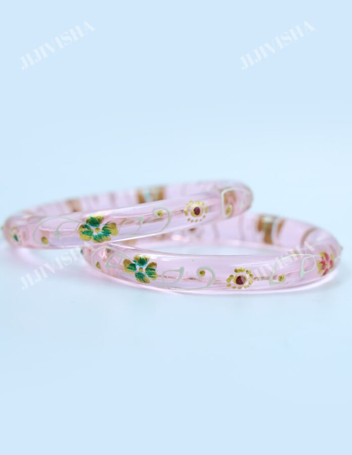 Buy Baby Pink Crystalline Glass Bangles with Golden and White Hand Painting Online