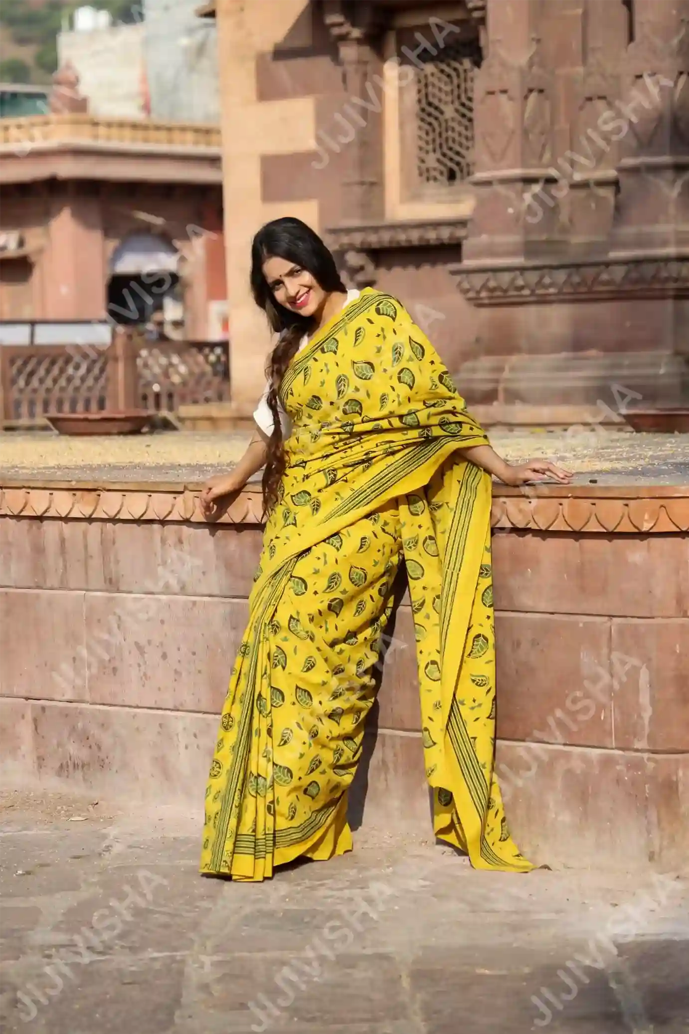 Buy Golden Foliage Cotton Block Print Saree Online