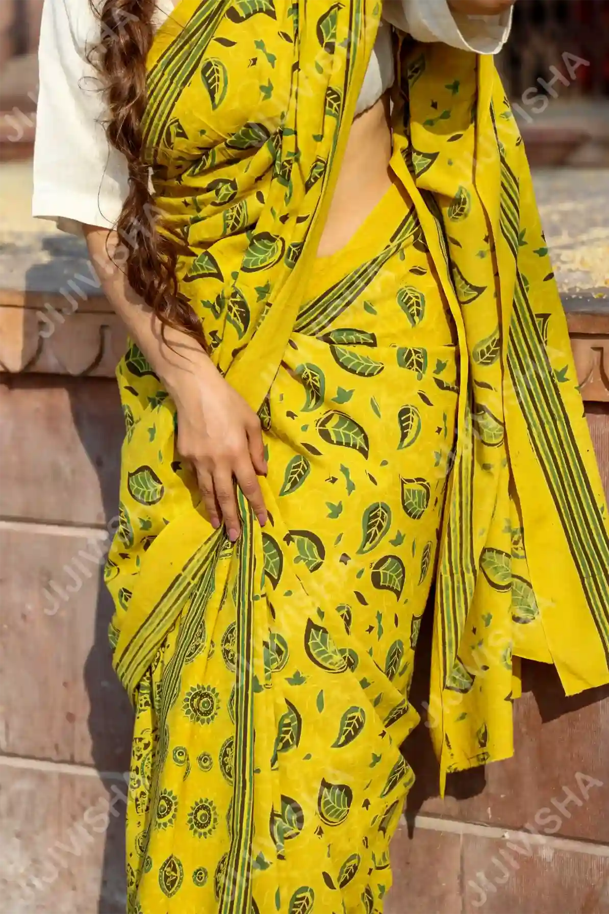 Buy Golden Foliage Cotton Block Print Saree Online