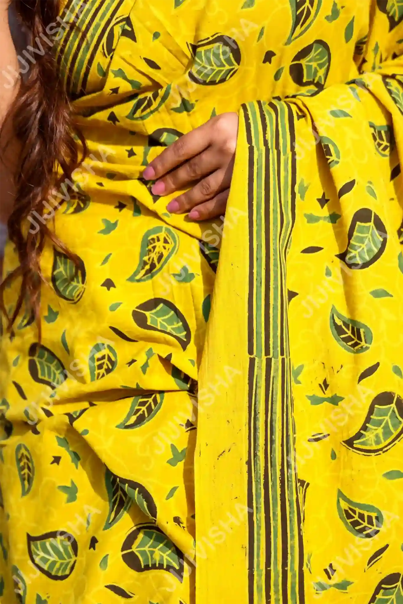 Buy Golden Foliage Cotton Block Print Saree Online