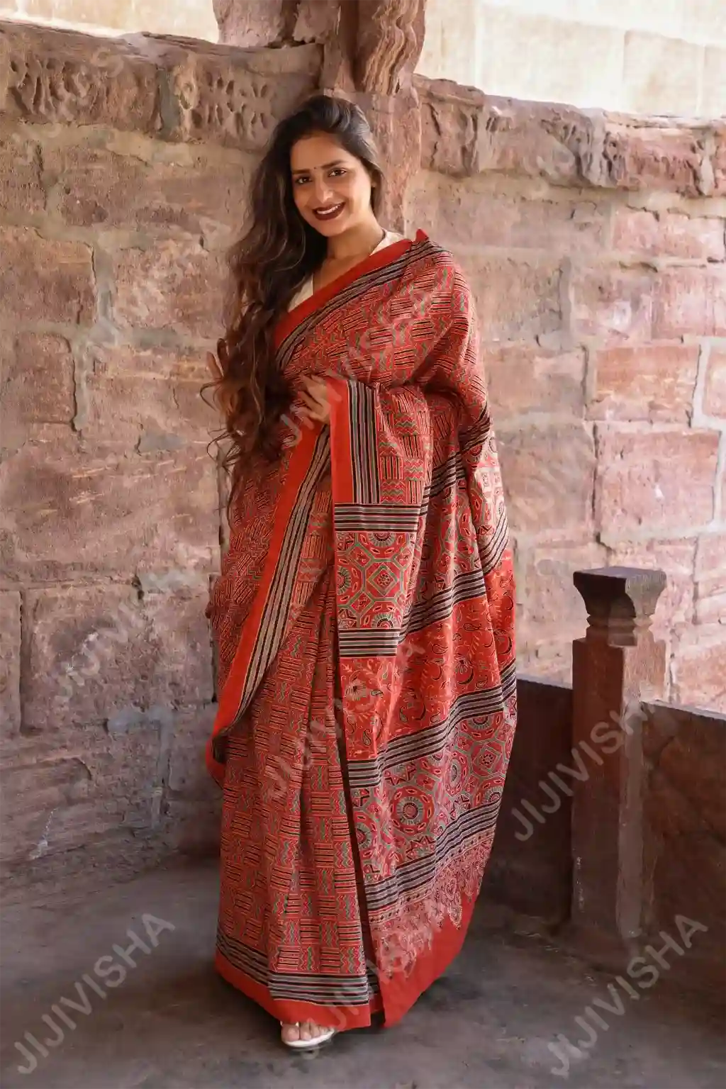 Buy Tarnish Geometric Hand Block Print Saree Online