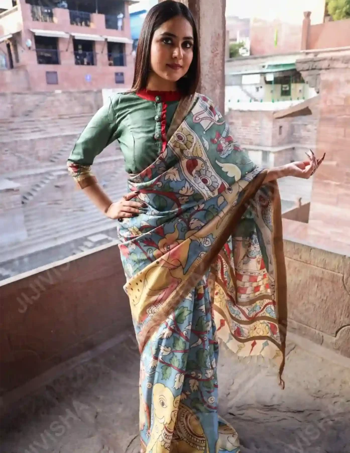 Buy Verdant Heritage Kalamkari Tussar Silk Saree Online