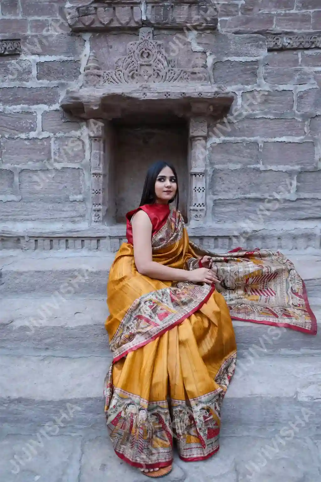 JVWSR179_1 Buy Sunlit Splendor Madhubani Tussar Silk Saree