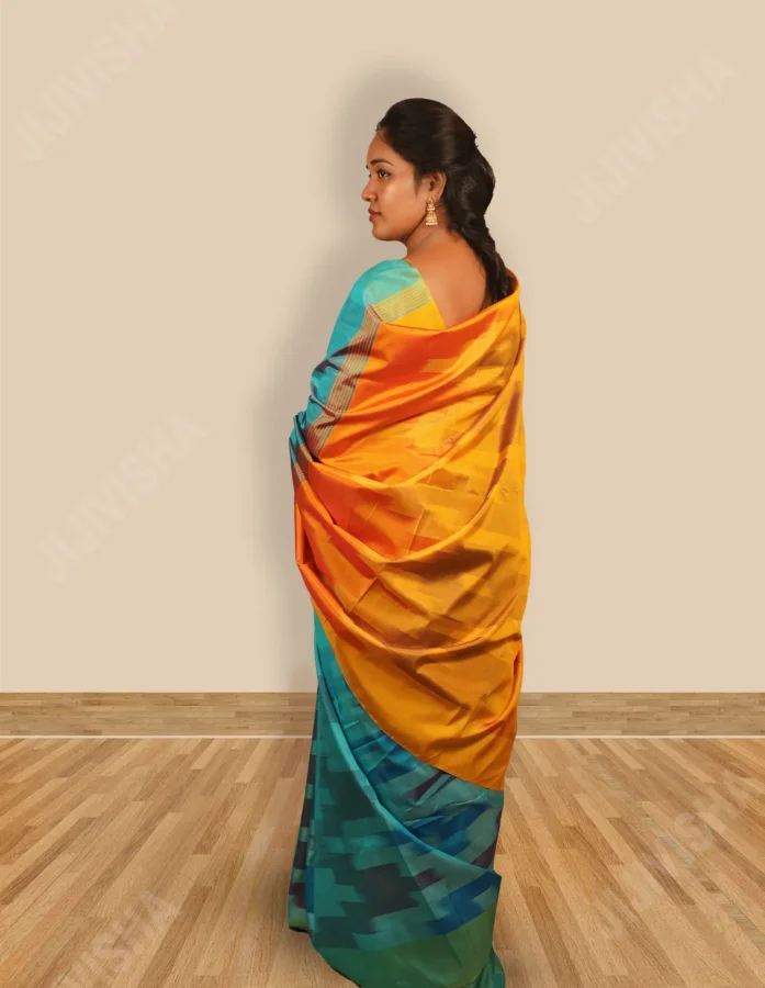 Sky Blue Bishnupuri Silk Ikkat Saree - Gallery Image