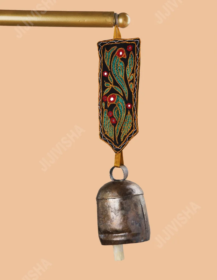 Golden Aura Copper Bell with Ocher Silk Embroidered Strap - Gallery Image
