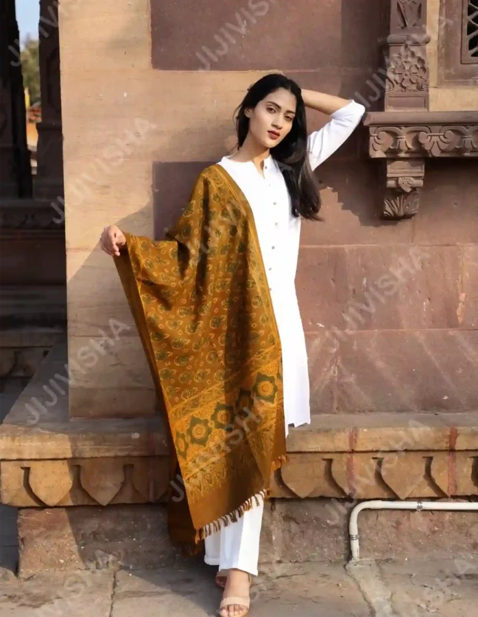 Buy Sunlit Garden Ocher Yellow Linen Stole Online