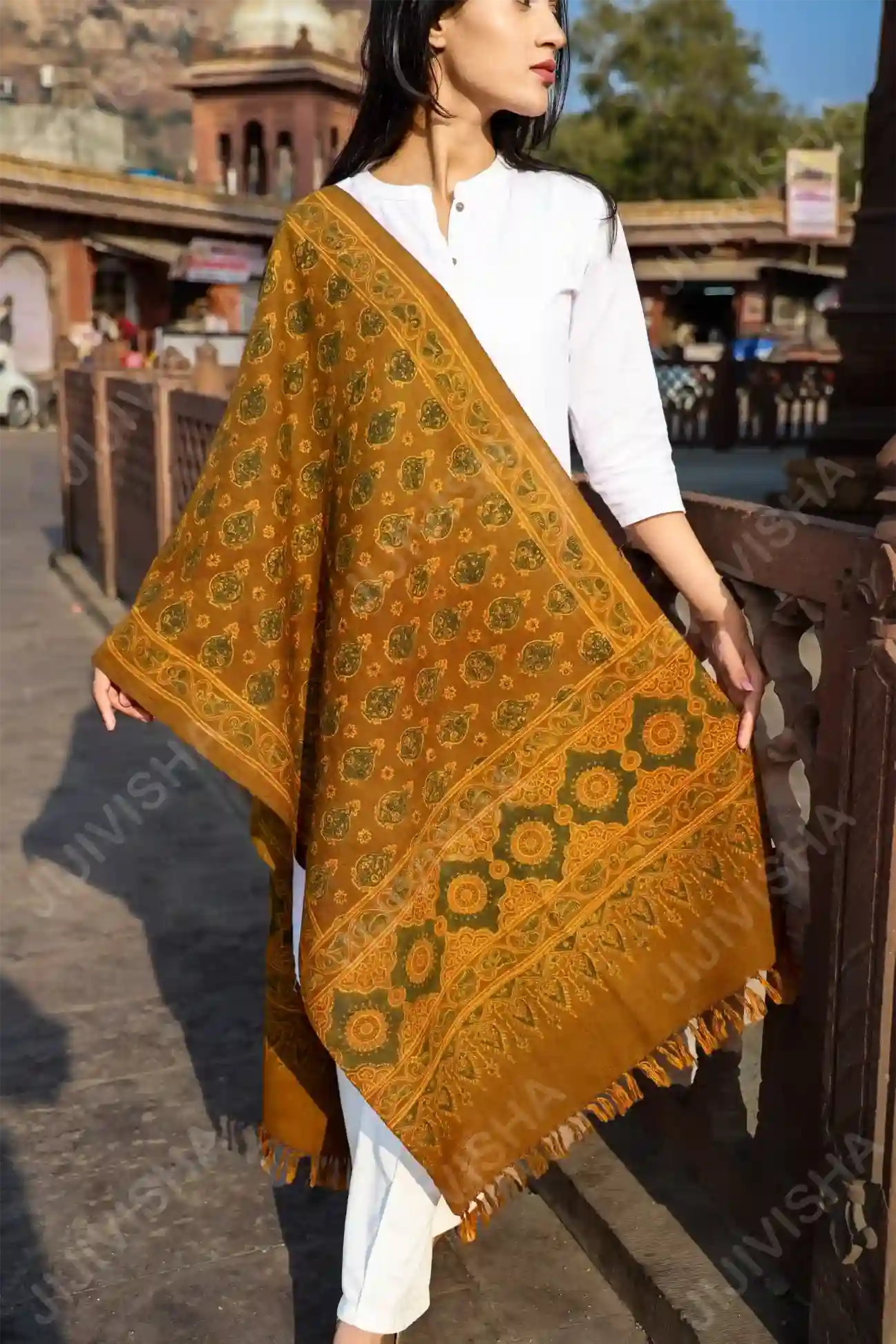 Buy Sunlit Garden Ocher Yellow Linen Stole Online