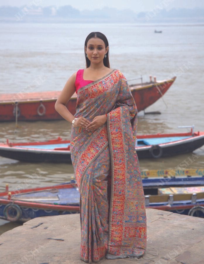 Buy Grey Kani Weave Silk Saree Online