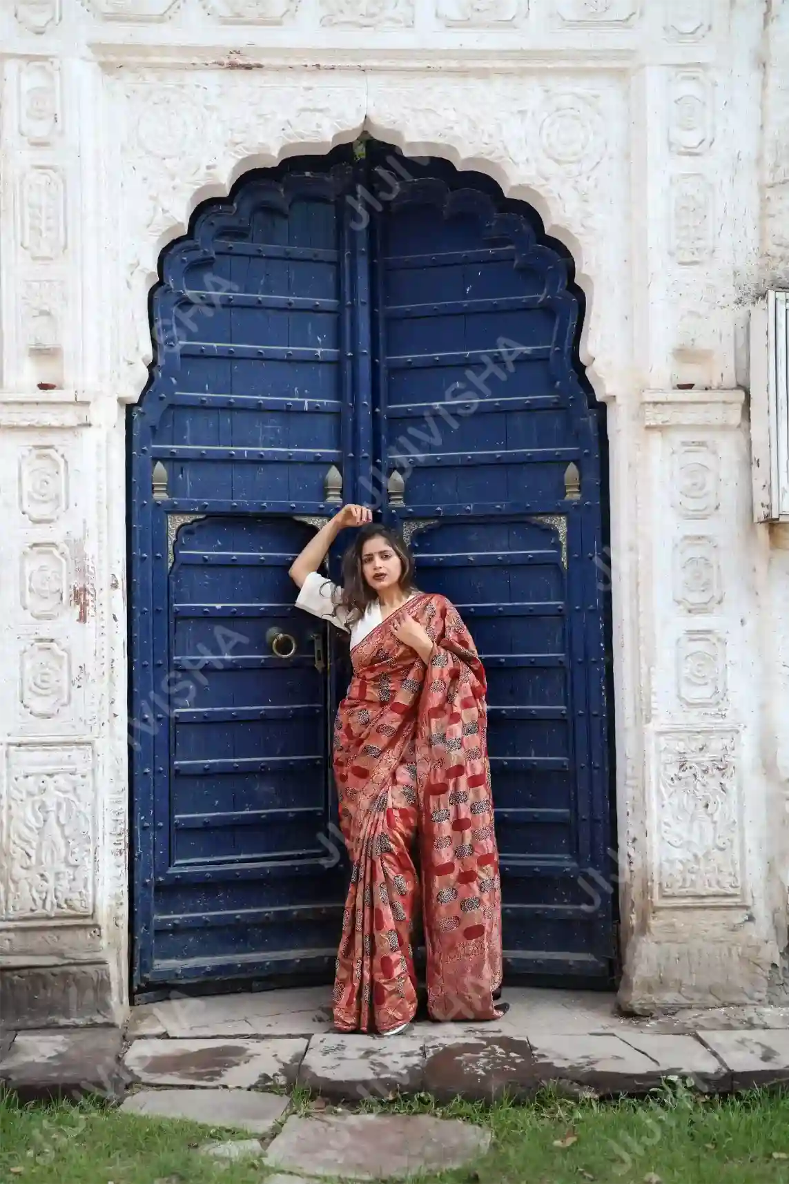 Buy Ajrakh Zari Bliss Tussar Silk Saree Online