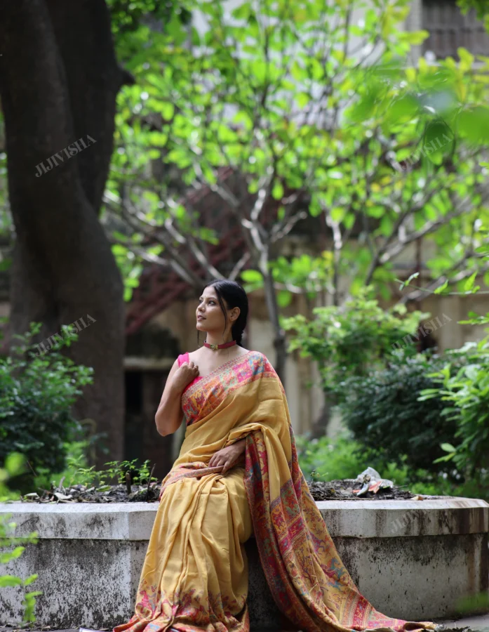 Buy Mustard Kani Silk Saree with Warrior Motifs Online