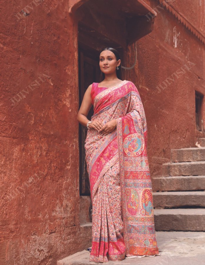 Buy Light Pink Kani Silk Saree with Raja Rani Motifs Online