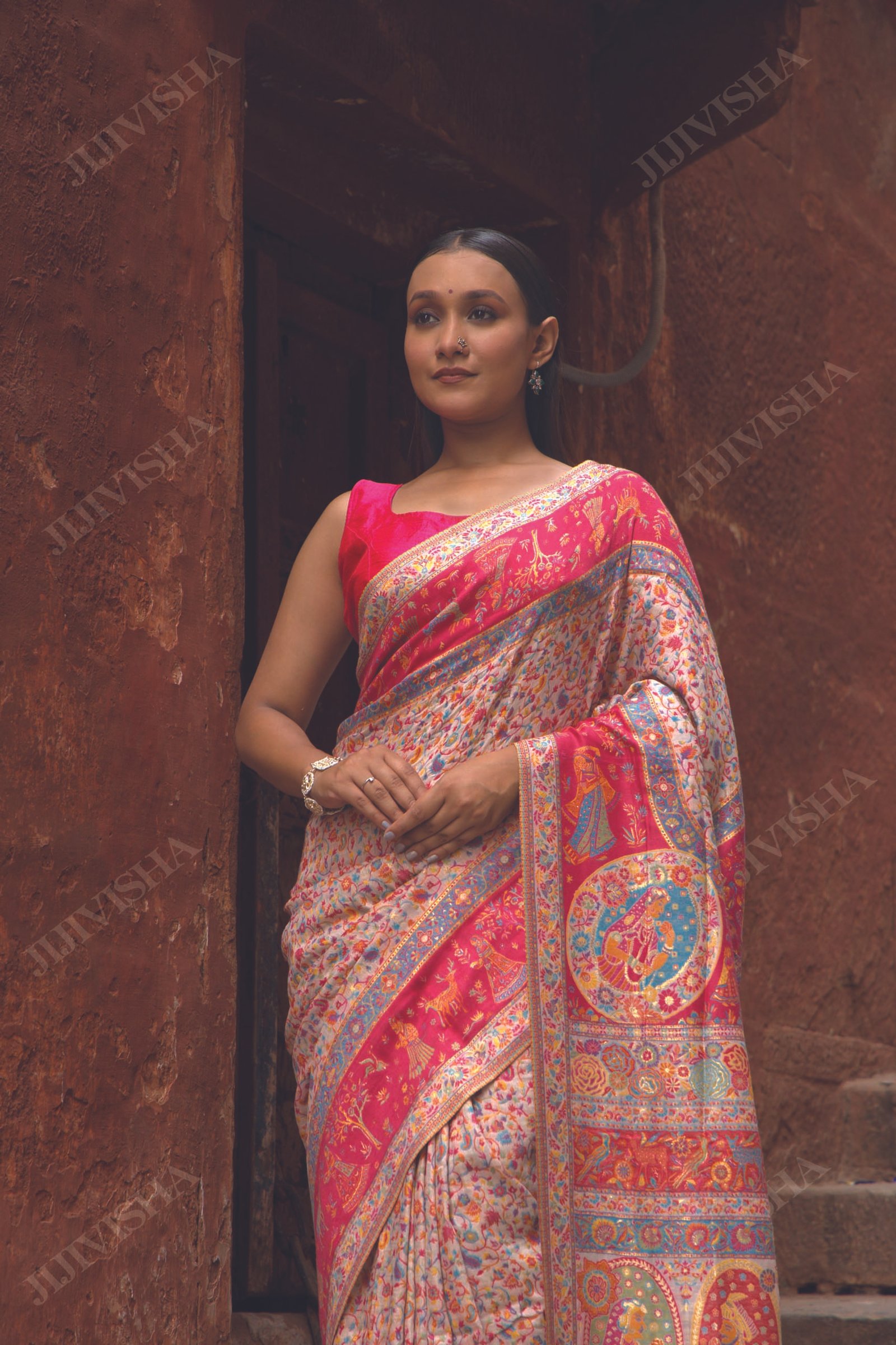 JVWSR203_3 Buy Light Pink Kani Silk Saree with Raja Rani Motifs Online