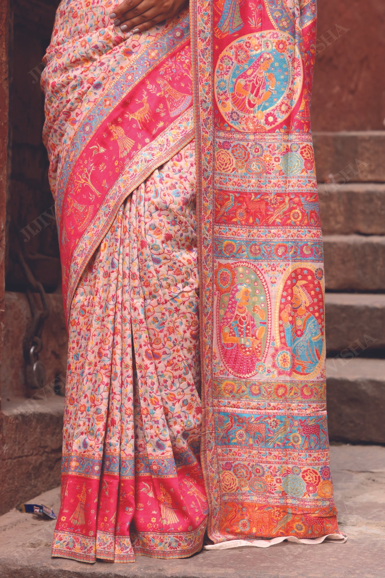 JVWSR203_4 Buy Light Pink Kani Silk Saree with Raja Rani Motifs Online