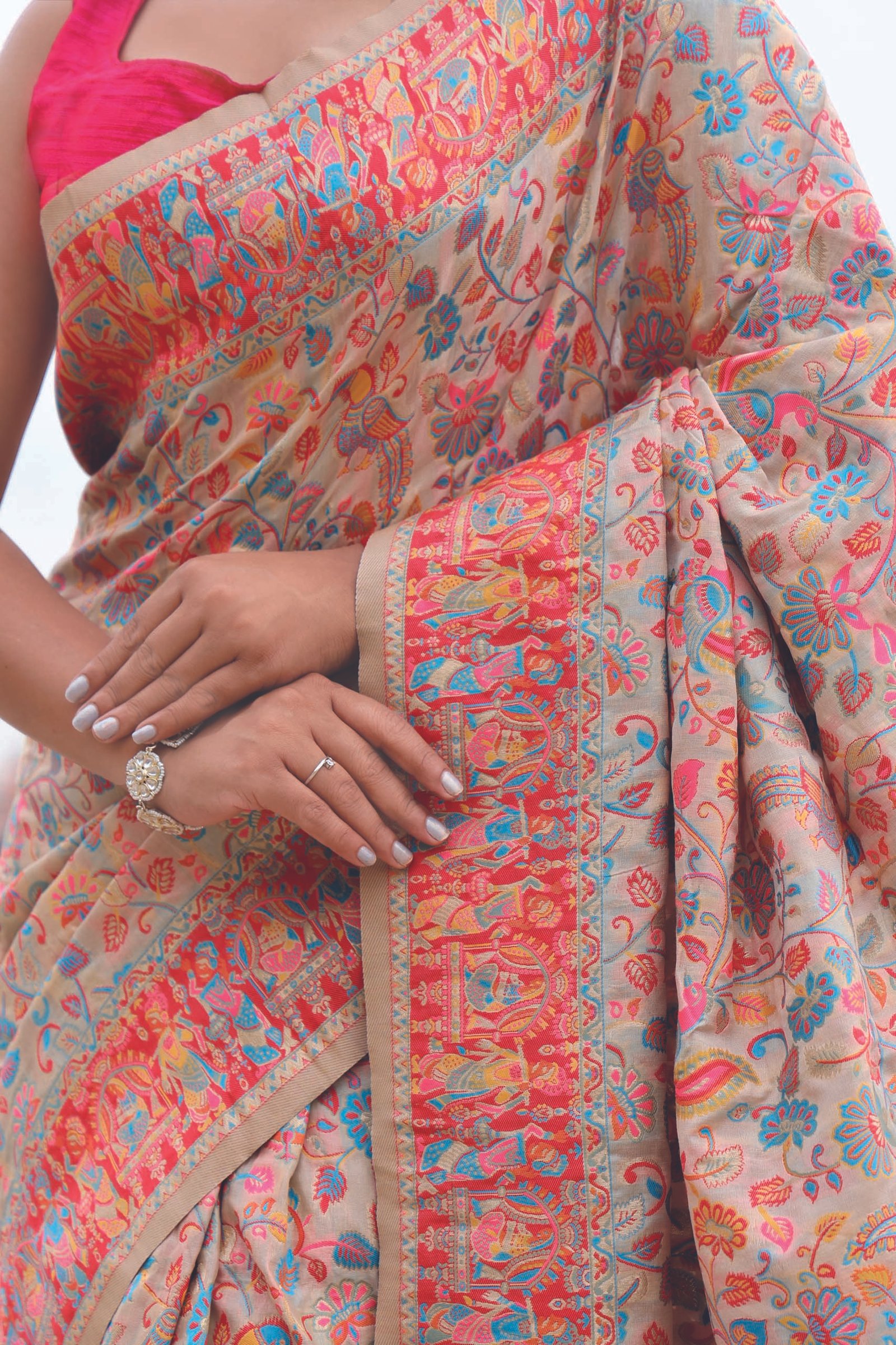 Buy Light Pink Kani Silk Saree with Floral Motifs Online