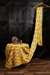 Yellow Cotton Fabric With Floral Ajrakh Handblock Print