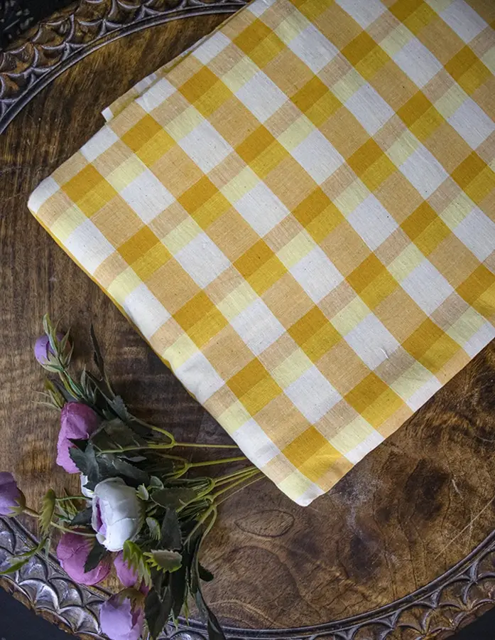 Buy Yellow & White Checks Handwoven Cotton Fabric