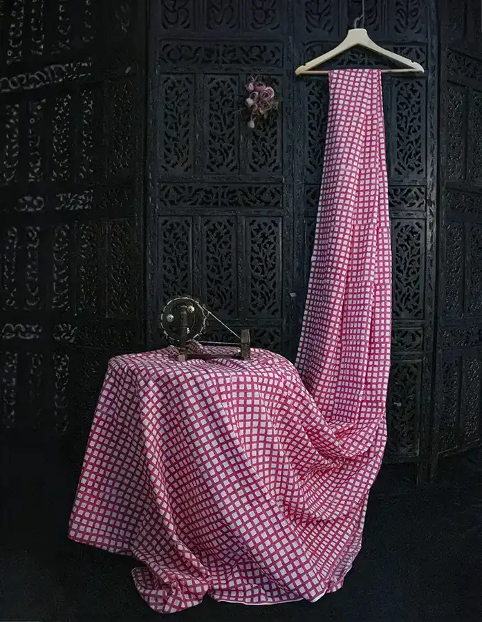 Pink Checks Hand Block Printed Fabric