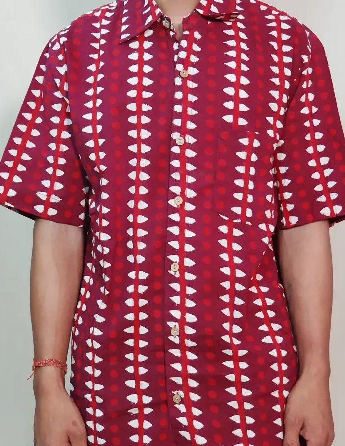 Sophisticated Simplicity: Maroon & Ivory Hand Block Printed Half Sleeves Cotton Shirt - Gallery Image