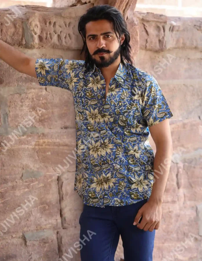 Blue Floral Pattern Hand Block Printed Cotton Shirt