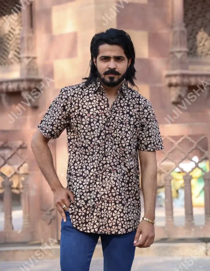 Black And Pink Cycles Hand Block Printed Cotton Shirt