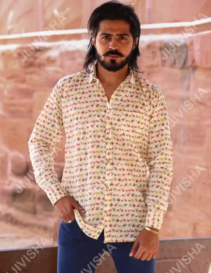 Beige Block Printed Hand Woven Cotton Shirt