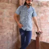 Azure Breeze Block Print Cotton Shirt