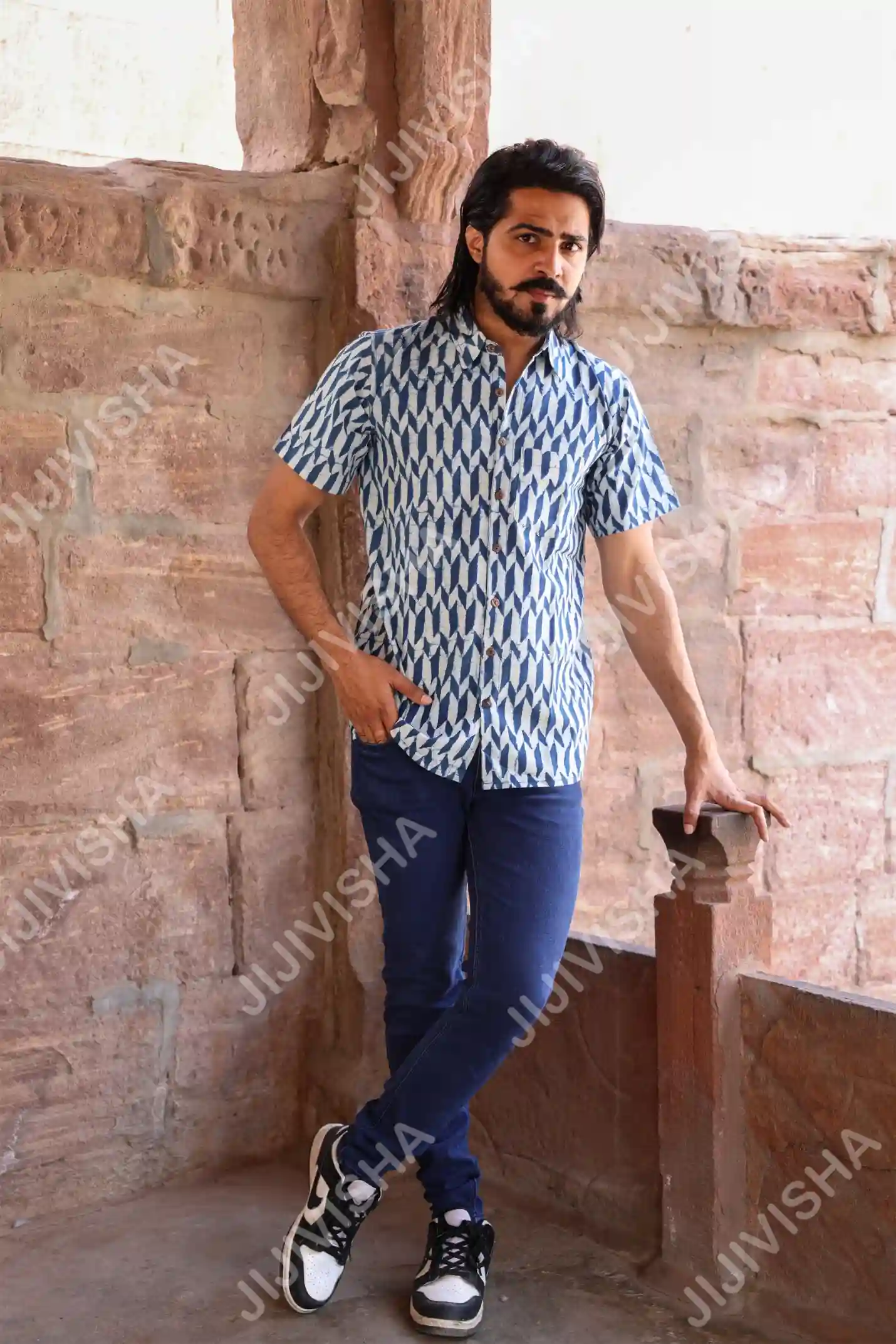Azure Breeze Block Print Cotton Shirt