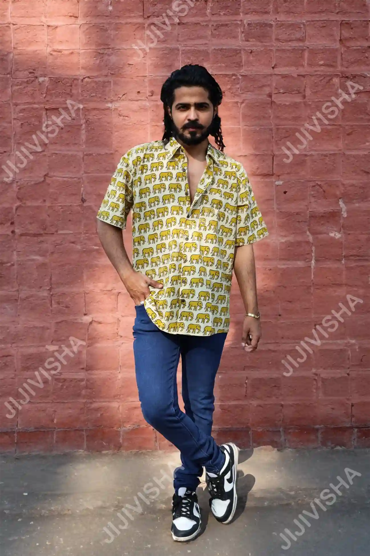Ivory Cotton Half Sleeve Shirt with Ocher Yellow Elephant Motif