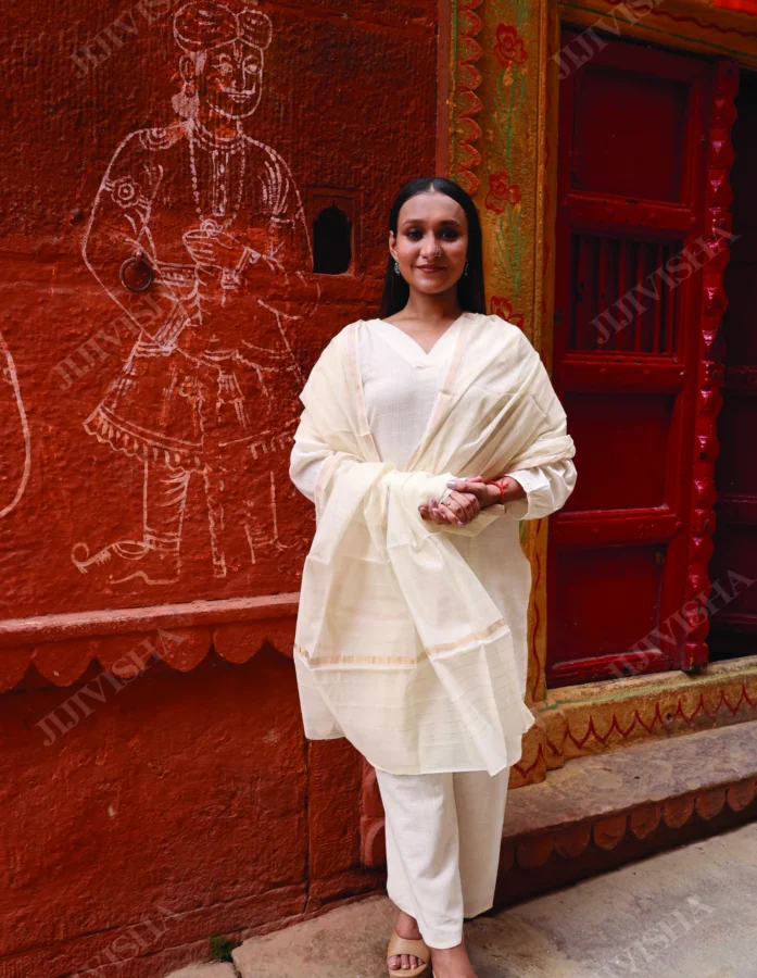 Buy Ivory Chanderi Silk Dupatta with Golden Border Online