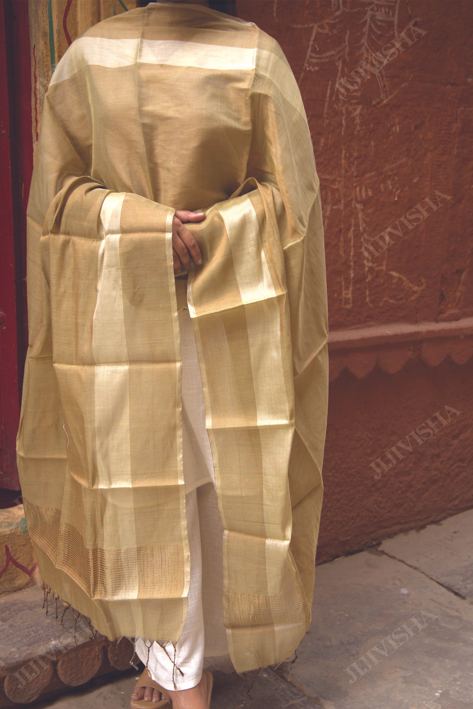 Buy Golden and Beige Handwoven Chanderi Silk Dupatta Online